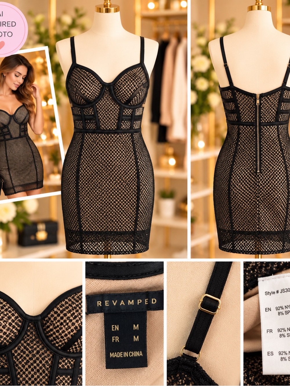 Revamped Black Lace Mesh Corset-Style Bodycon Chemise